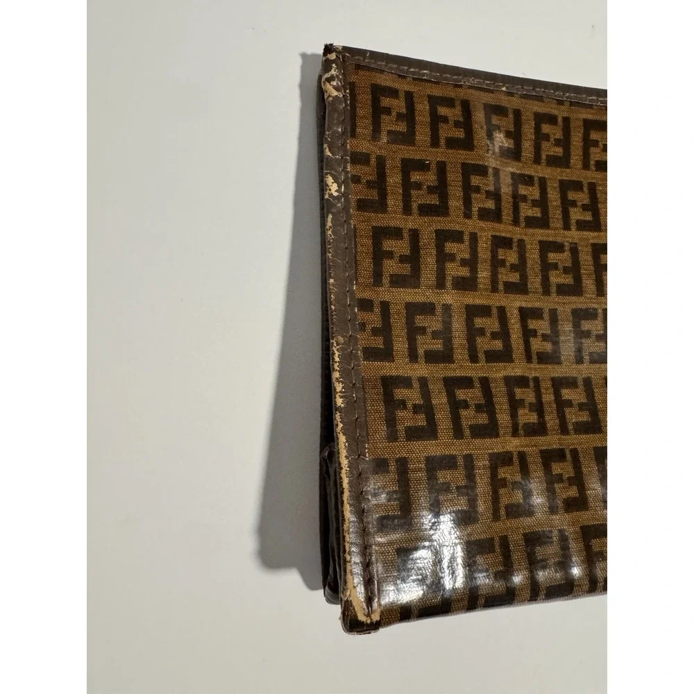 Fendi Zucca FF Logo Monogram Brown Canvas w/ Leather Trim Large Pouch Clutch Bag